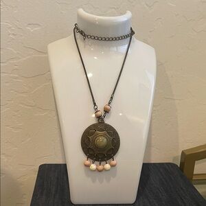 Southwest Native Style Bronze Pendant Necklace with Pink Accents